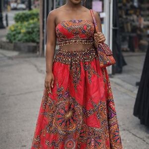 Vibrant Red Patterned Women's Skirt Set